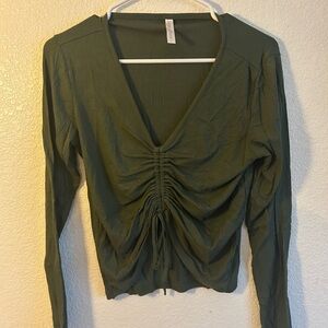 Deep Olive Ruched V-Neck Long Sleeve Top